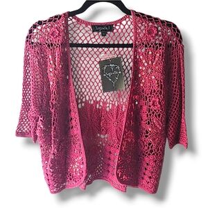 NWT! Plus Size Twyla & Blu Open Knit Crochet Pink Sequin Shrug Bolero 1x